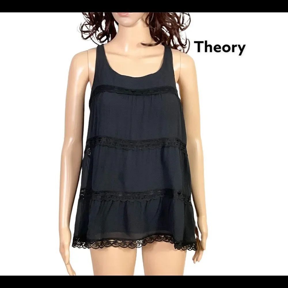 Theory black 100% silk tiered lace detail tunic top S